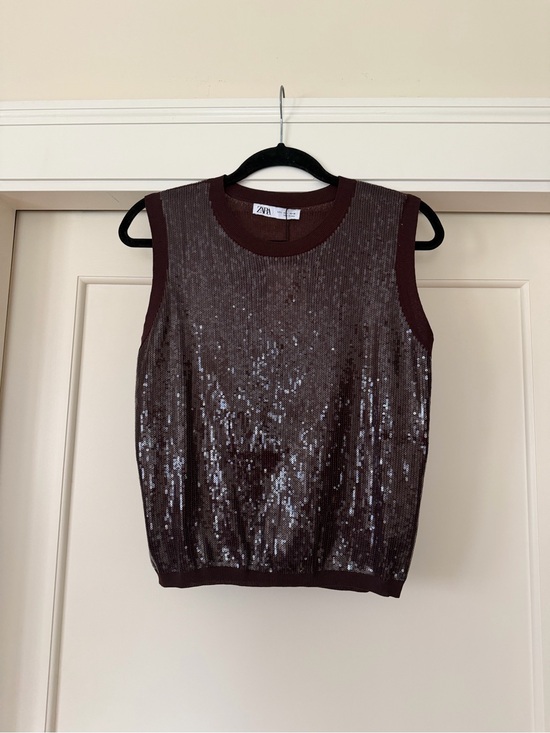 Zara Tops - Zara Chocolate Brown Sequin Sleeveless Knit Shell Top Size L NWT
